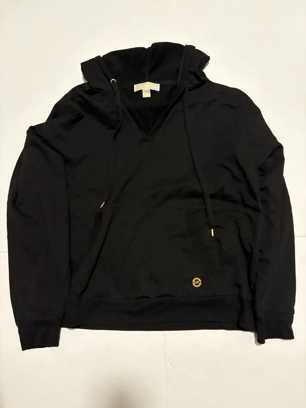 Michael Kors Women’s Black Pullover Hoodie Gold Logo Drawstring Size XL